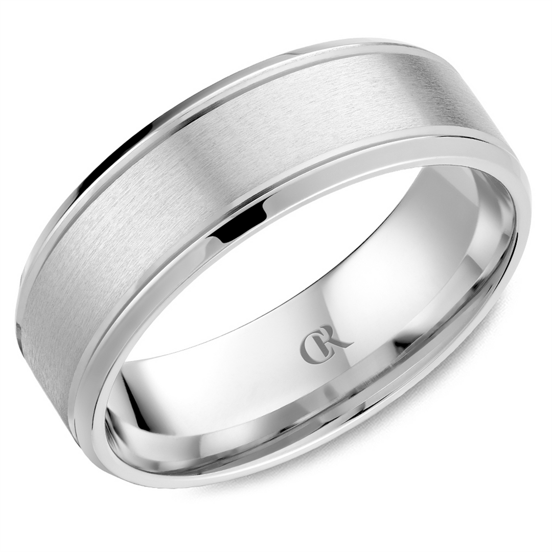 Men's White Gold Bevel Band with Sandpaper Finish 
Top Width: 7 mm
R