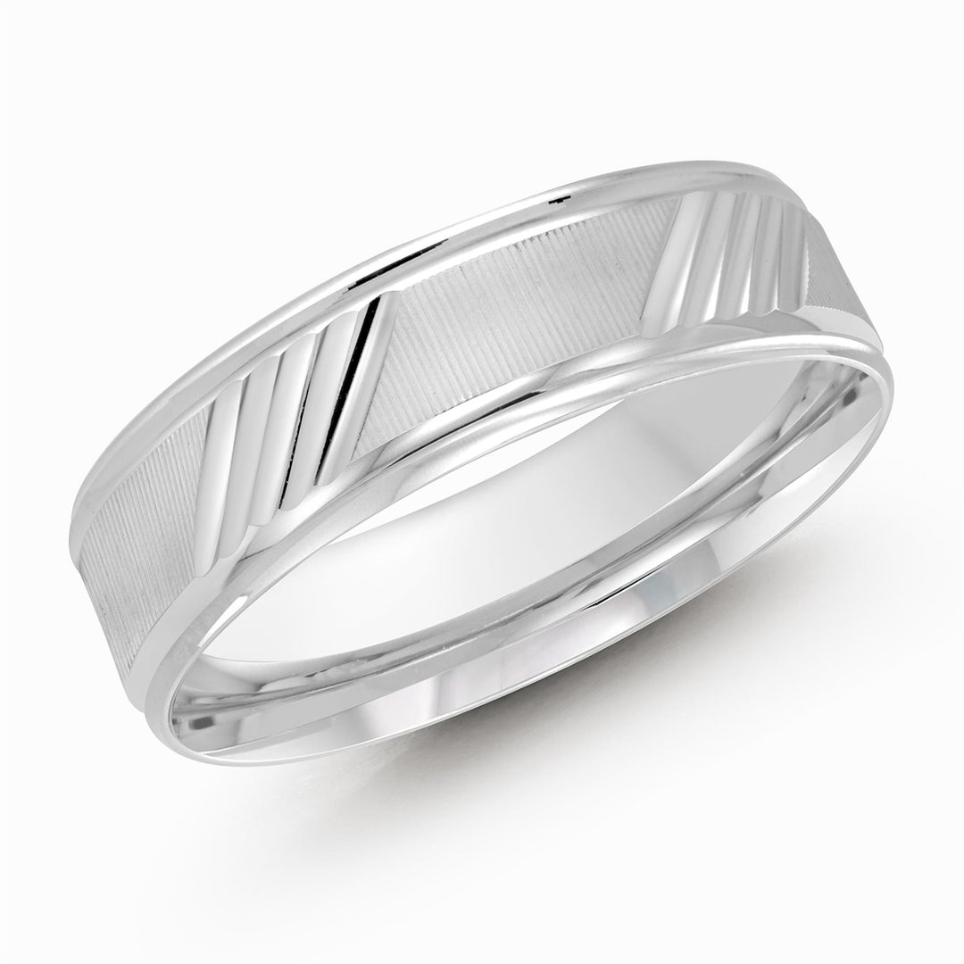 Men's 10K White Gold Stepped Down Edges Band with Diamond Cut Finish