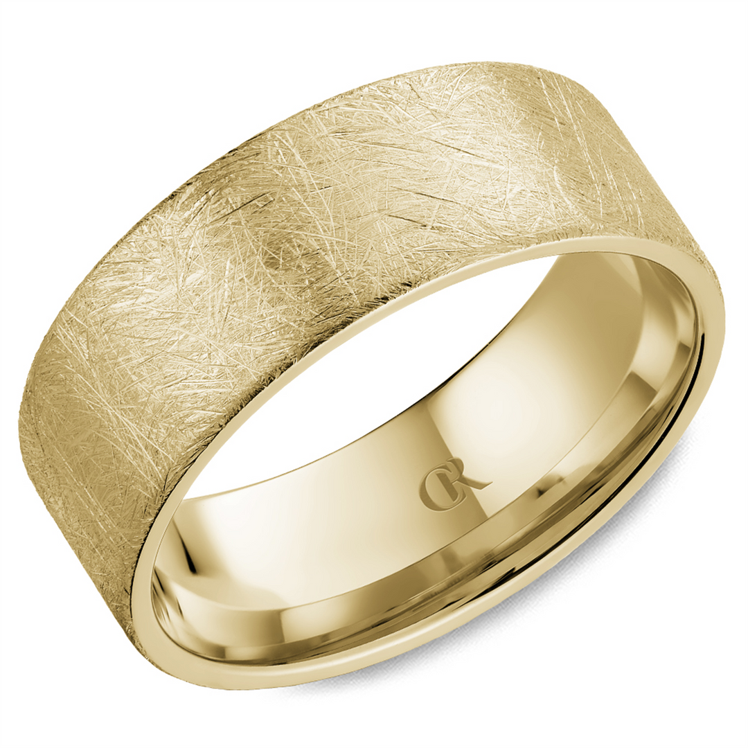 Men's Yellow Gold Flat Band with Diamond Brushed Finish 
Top Width: 8