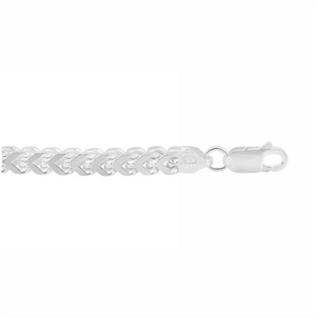 White Sterling Silver Franco Bracelet 
Top Width: 3mm
Length: 8"