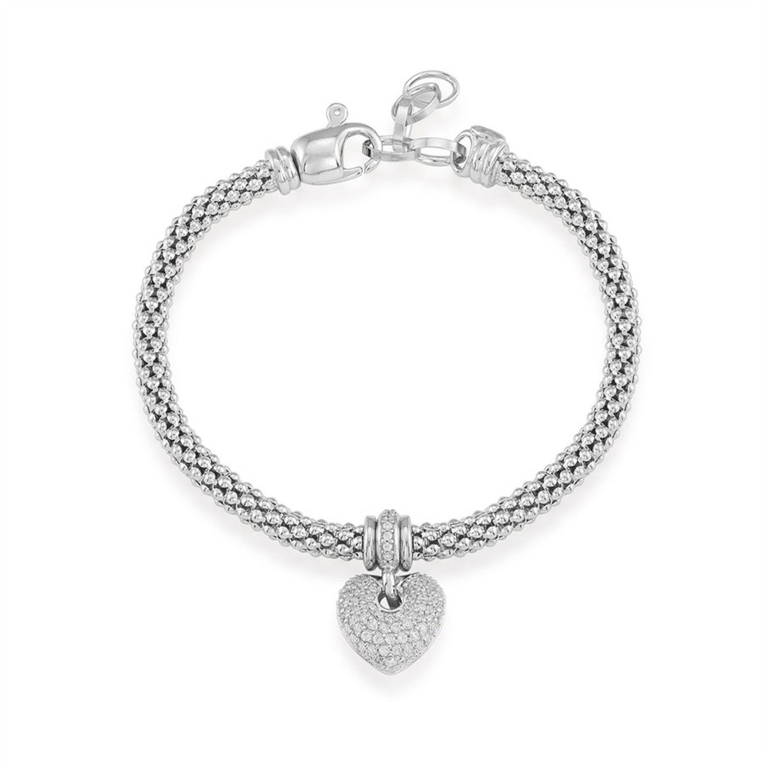 White Sterling Silver Puffed Pave Heart Mesh Bracelet 
Top Width: 4.5