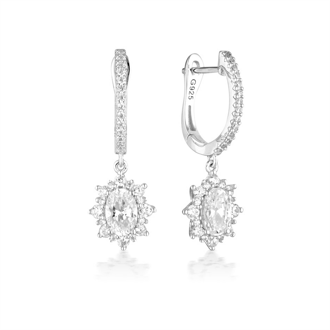 White Sterling Silver Cubic Zirconium Flower Polished Dangle Earrings