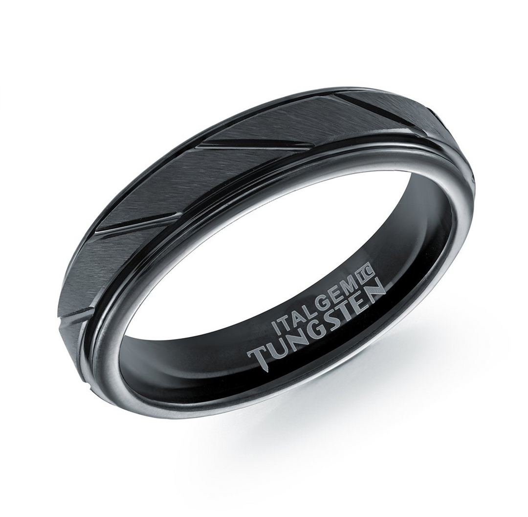 Multi Finish Black Grooved Tungsten Stepped Down Edges Band 
Width: 5