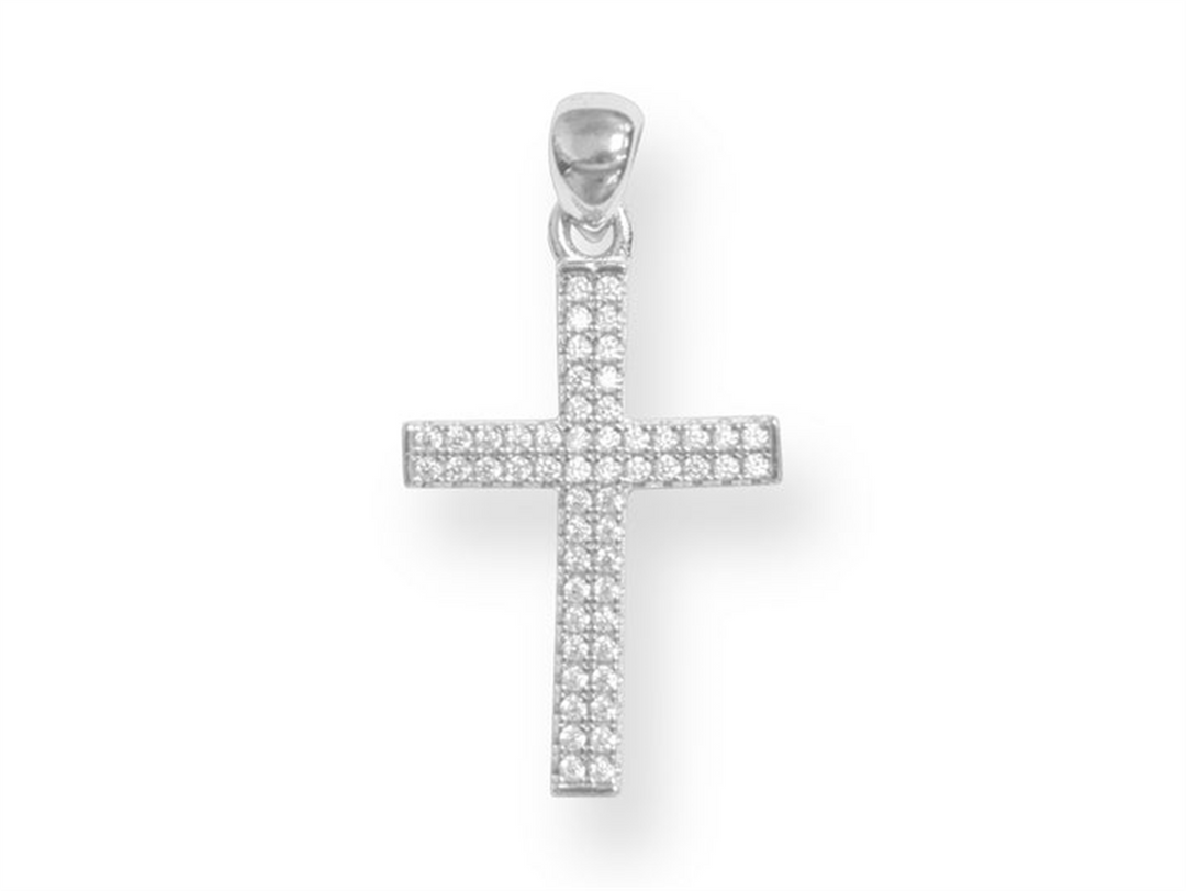 White Sterling Silver Polished Cubic Zirconium Cross Religious Pendant