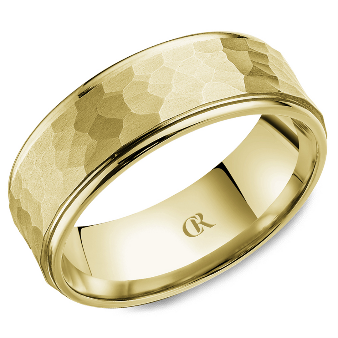 Men's Yellow Gold Stepped Down Edges Band with Hammered Finish 
Top W