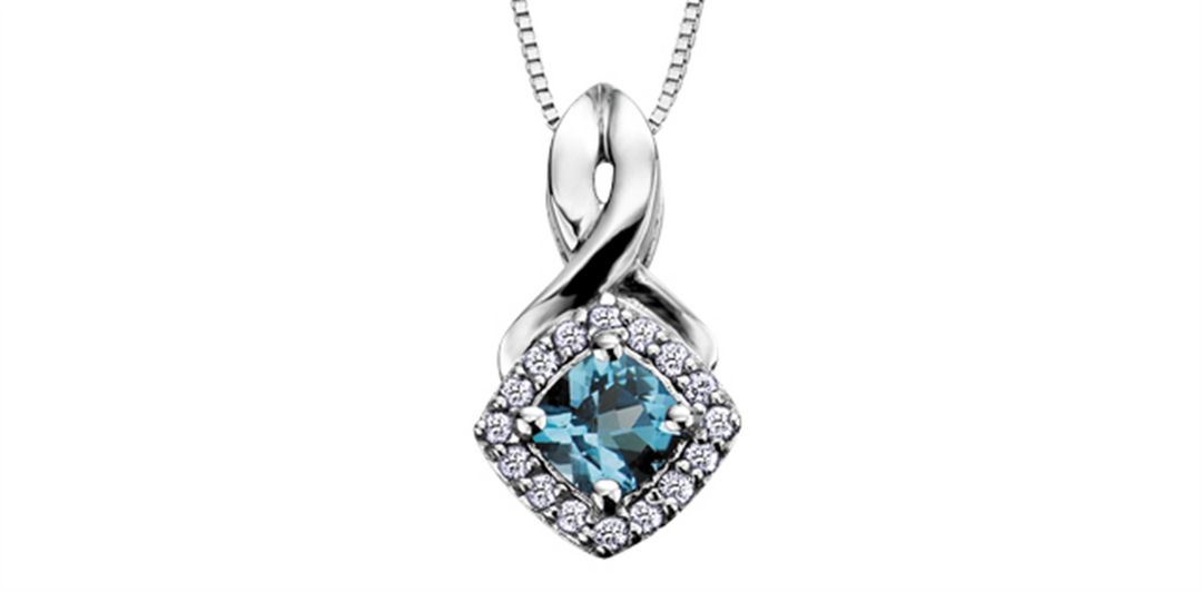 10K White Gold Halo Polished Blue Topaz Diamonds Pendant Necklace

P