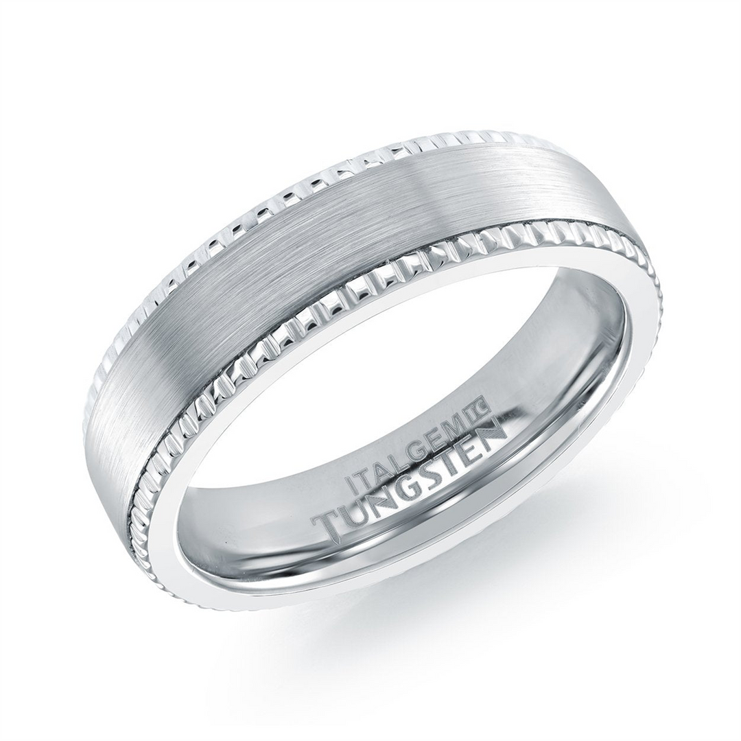 Brushed Steel Tungsten Stepped Down Beaded Edges Band 
Width: 6mm 
S