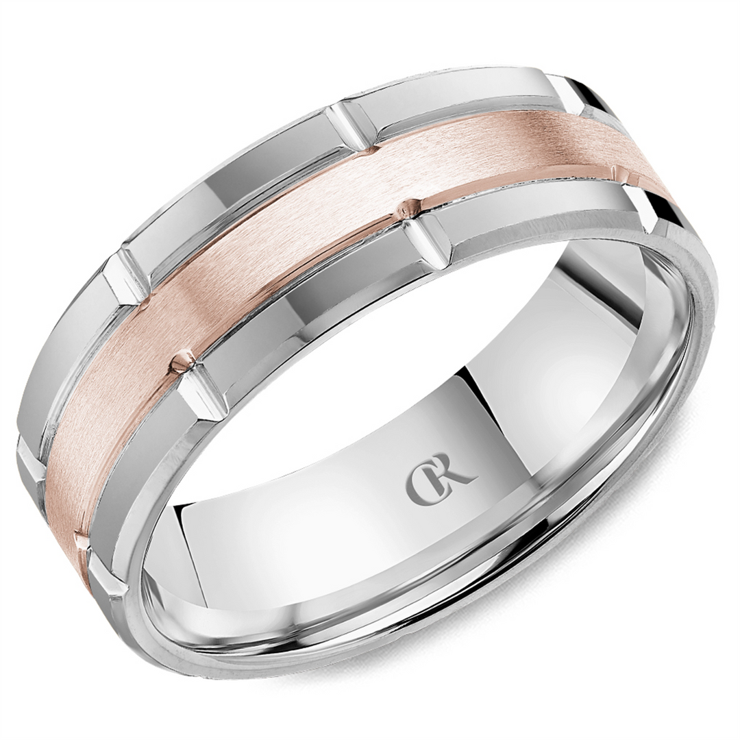 Men's Rose & White Gold Bevel Band with Sandpaper Finish 
Top Width: