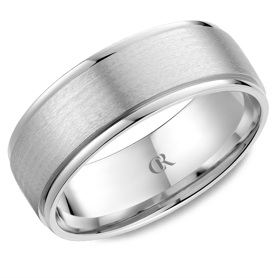 Men's White Gold Stepped Down Edges Band with Sandpaper Finish 
Top W