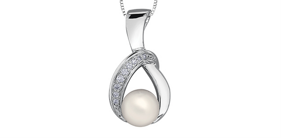 White Sterling Silver Polished Pearl & Lab Diamond Pendant Necklace