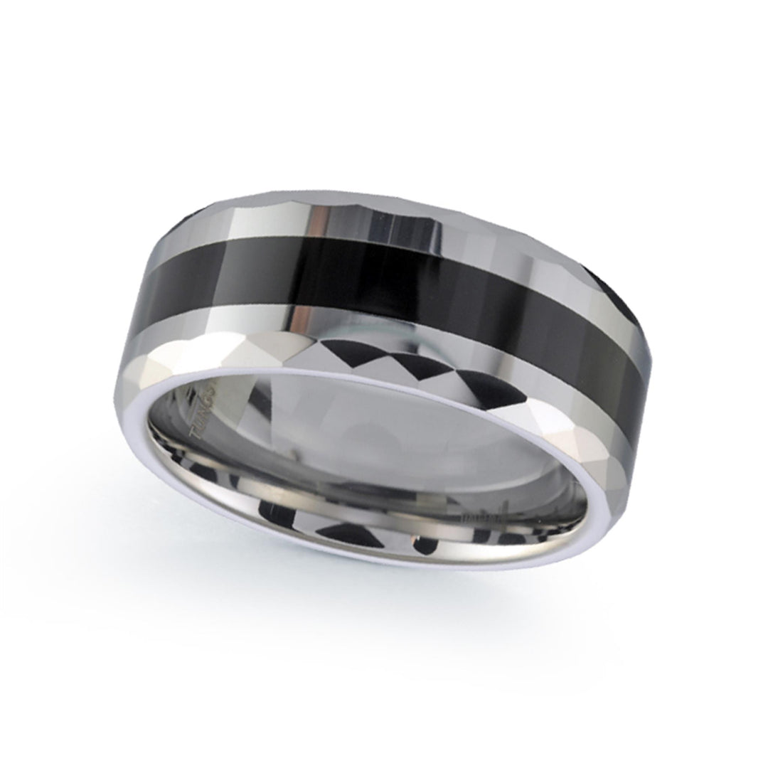 Tungsten Polished Flat Band Band with Ceramic Inlay 
Width: 8mm